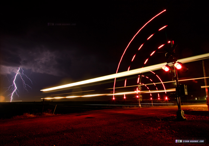 Lightning and train at New Baden, IL