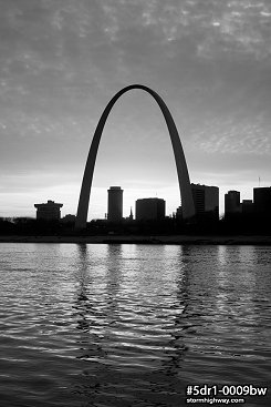 Riverfront sunset with the Gateway Arch in St. Louis, black and white