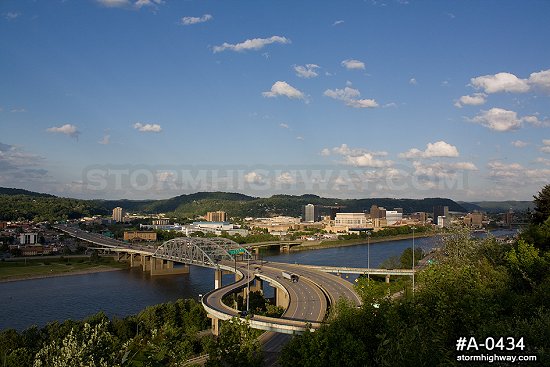 Fort Hill Bridge and downtown in late spring, wide view