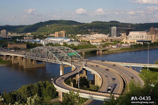 Fort Hill Bridge and downtown in late spring
