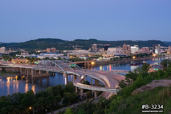 Fort Hill Bridge and downtown Charleston, wide view at twilight