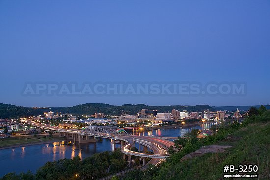 Fort Hill Bridge and downtown Charleston, wide view at twilight