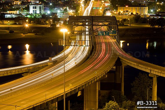 Traffic streaks at the Fort Hill Bridge at night