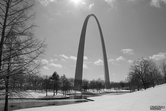 St. Louis Arch grounds snow, black and white