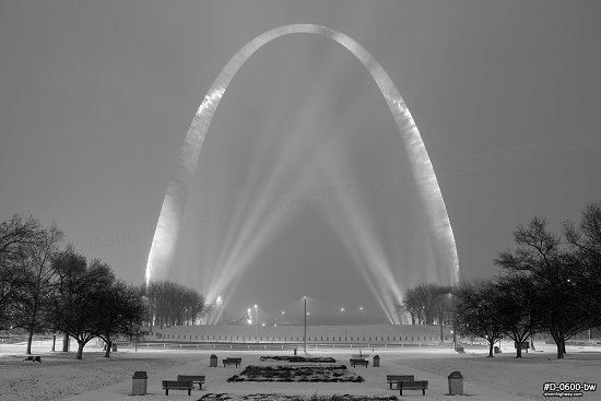 St. Louis Arch at Night during a Snowstorm, black and white