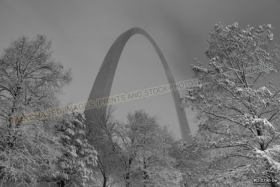 St. Louis Arch and Christmas morning snow, black and white