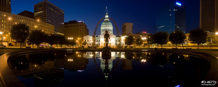 Panorama of morning twilight reflections in downtown St. Louis with the Gateway Arch, Old Courthouse