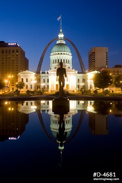 Morning twilight reflections in downtown St. Louis with the Gateway Arch, Old Courthouse