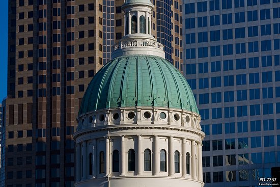 Rotunda of the Old Courthouse centered with downtown skyscrapers