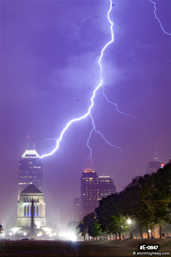 Lightning striking Chase Tower in Indianapolis, Indiana