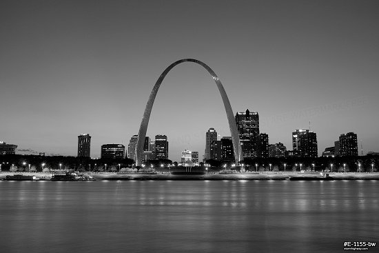 Evening twilight over the Gateway Arch, Mississippi riverfront and downtown St. Louis, MO, black and white