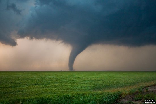 Elephant-trunk tornado at sunset over wheat fields near Rozel, Kansas