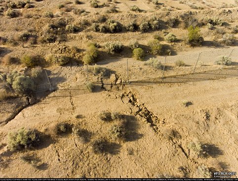 Aerial of Surface rupture fence offset from magnitude 7.1 earthquake near Ridgecrest, CA