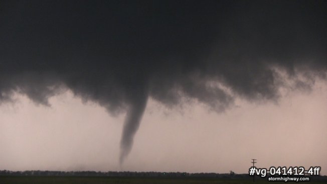 Tornado funnel reaching downward under dark clouds in northwestern Oklahoma